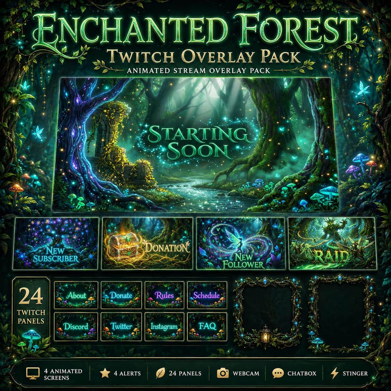 Enchanted Forest Overlay Pack for Twitch YouTube Kick | Fantasy Stream Overlay Screens Alerts Panels