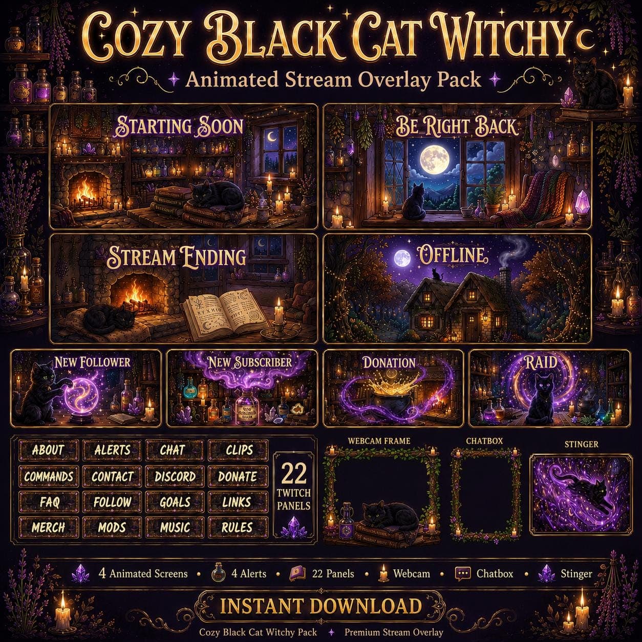 Cozy Black Cat Witchy Stream Overlay Pack Animated Twitch YouTube Kick OBS Panels