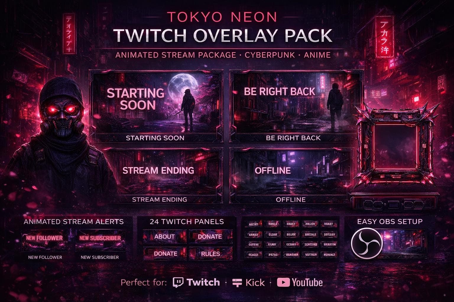 Cyberpunk Anime Tokyo Neon Stream Overlay Pack | Animated Twitch YouTube Kick Screens Alerts Panels
