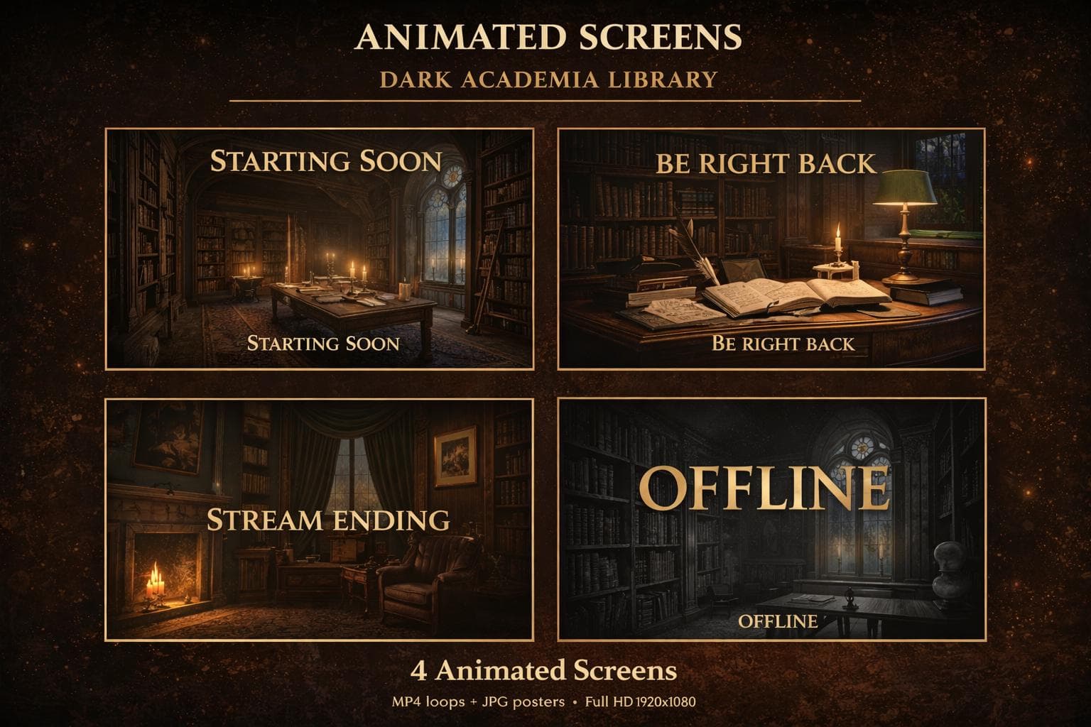 Dark Academia Stream Overlay Pack | Animated Gothic Library Vtuber Twitch Screens Alerts Panels Webcam preview 2