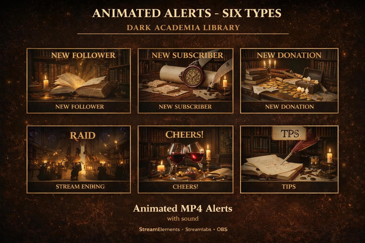 Dark Academia Stream Overlay Pack | Animated Gothic Library Vtuber Twitch Screens Alerts Panels Webcam preview 3