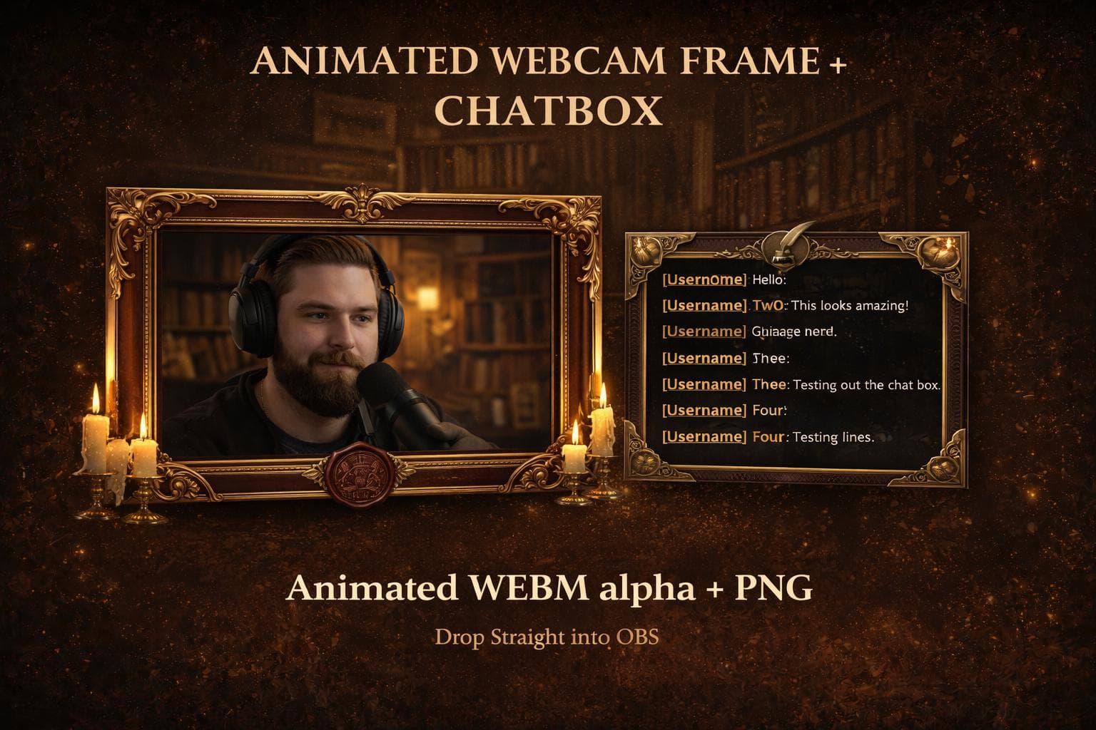 Dark Academia Stream Overlay Pack | Animated Gothic Library Vtuber Twitch Screens Alerts Panels Webcam preview 5