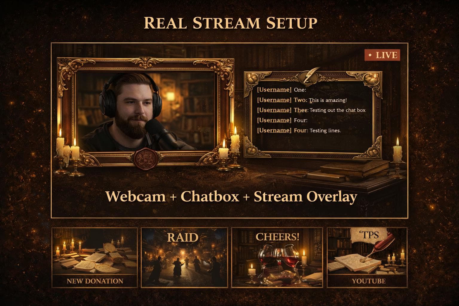 Dark Academia Stream Overlay Pack | Animated Gothic Library Vtuber Twitch Screens Alerts Panels Webcam preview 6