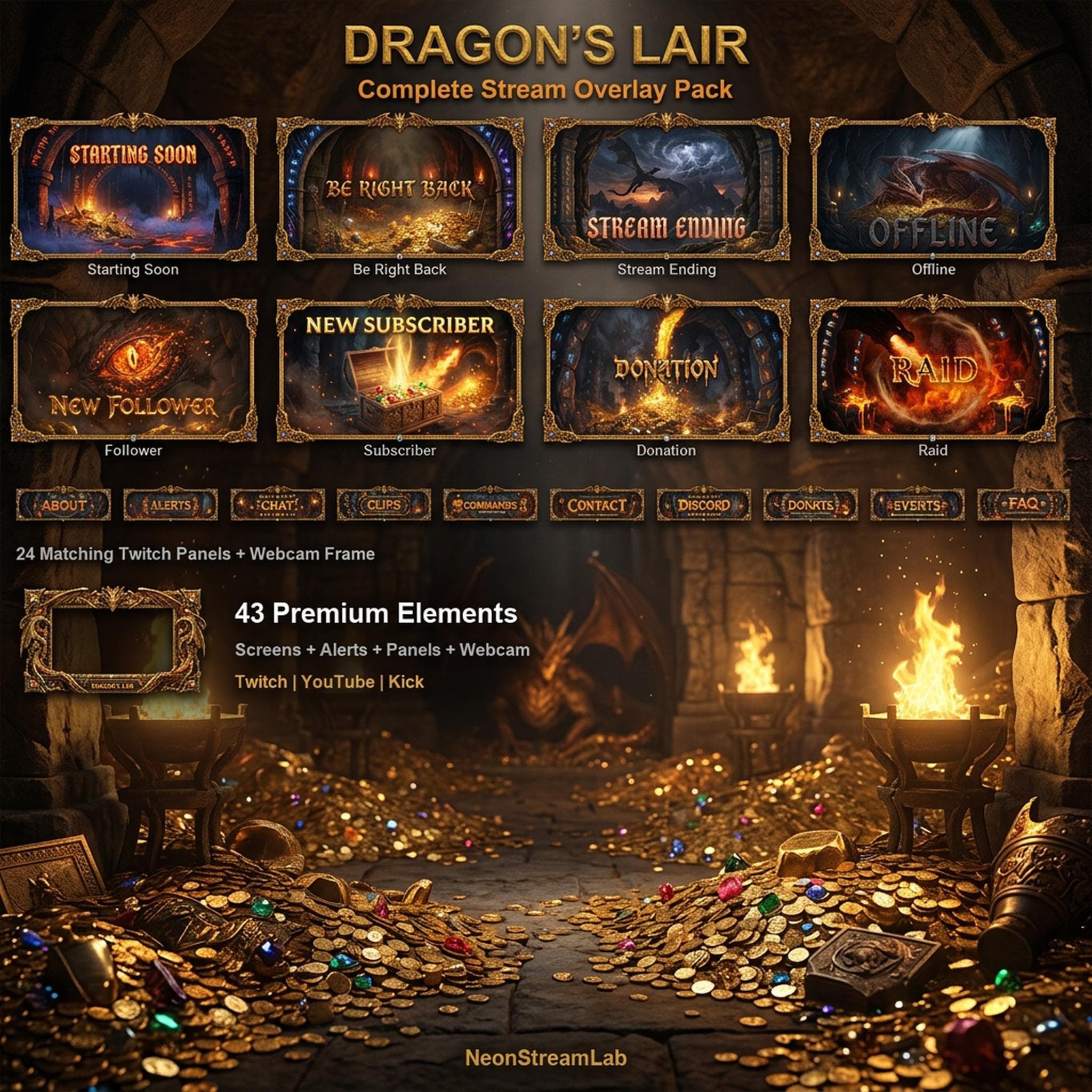 D&D Dragon's Lair Stream Overlay Pack | Dungeons & Dragons Fantasy RPG Animated Twitch YouTube Kick Screens Alerts Panels