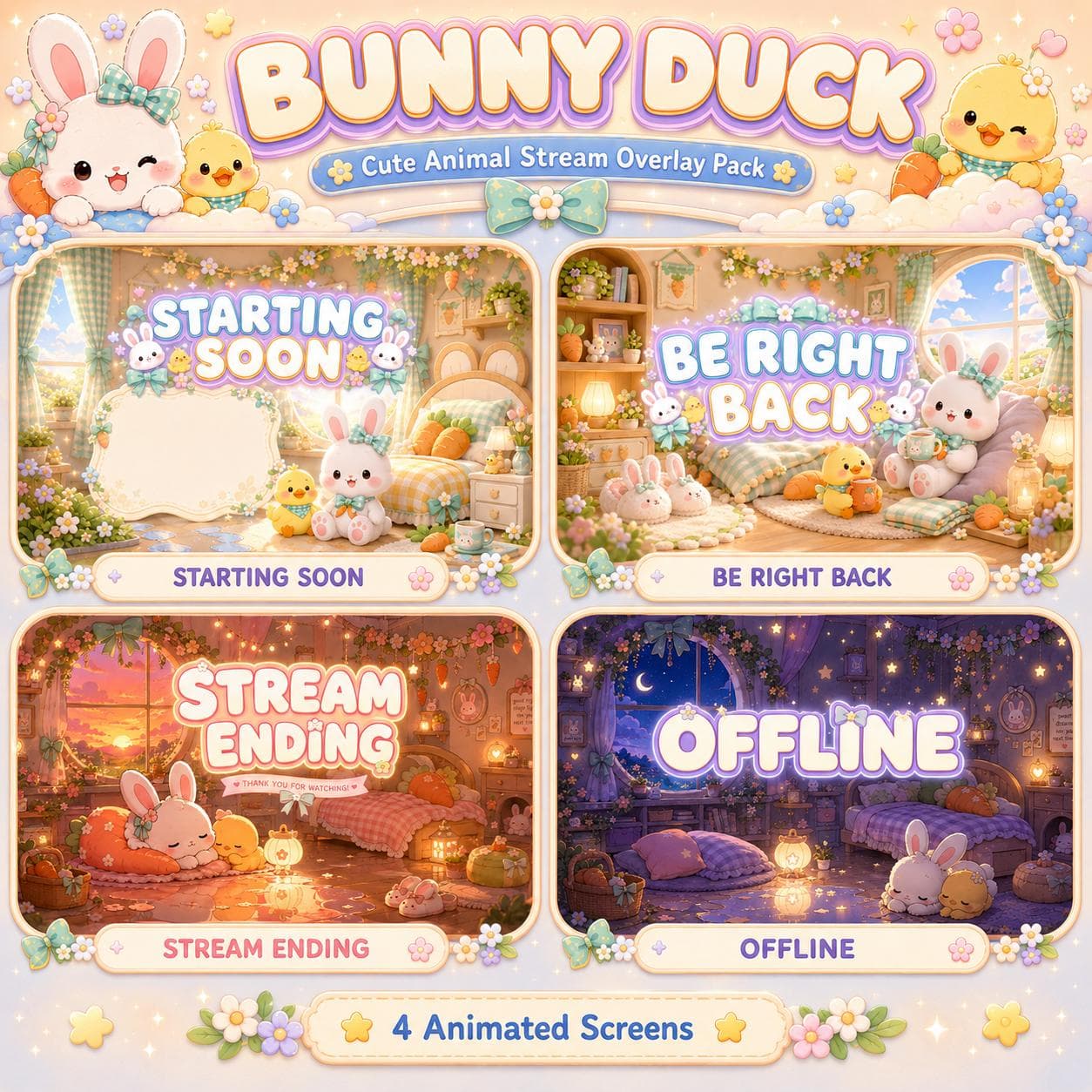 Duck Twitch Overlay Pack | Bunny Kawaii Pastel Animated Stream Screens Alerts Panels preview 2