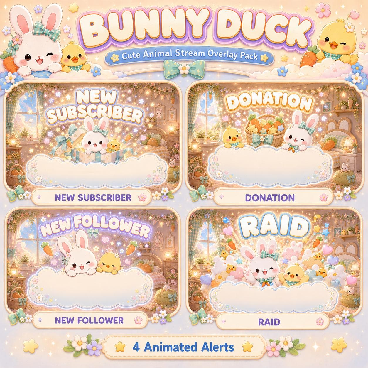 Duck Twitch Overlay Pack | Bunny Kawaii Pastel Animated Stream Screens Alerts Panels preview 3