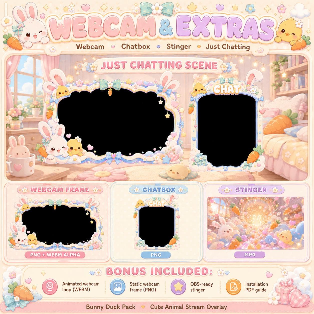 Duck Twitch Overlay Pack | Bunny Kawaii Pastel Animated Stream Screens Alerts Panels preview 4