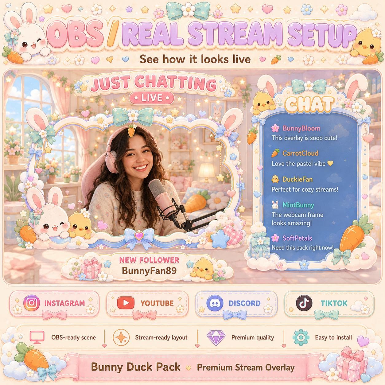 Duck Twitch Overlay Pack | Bunny Kawaii Pastel Animated Stream Screens Alerts Panels preview 6