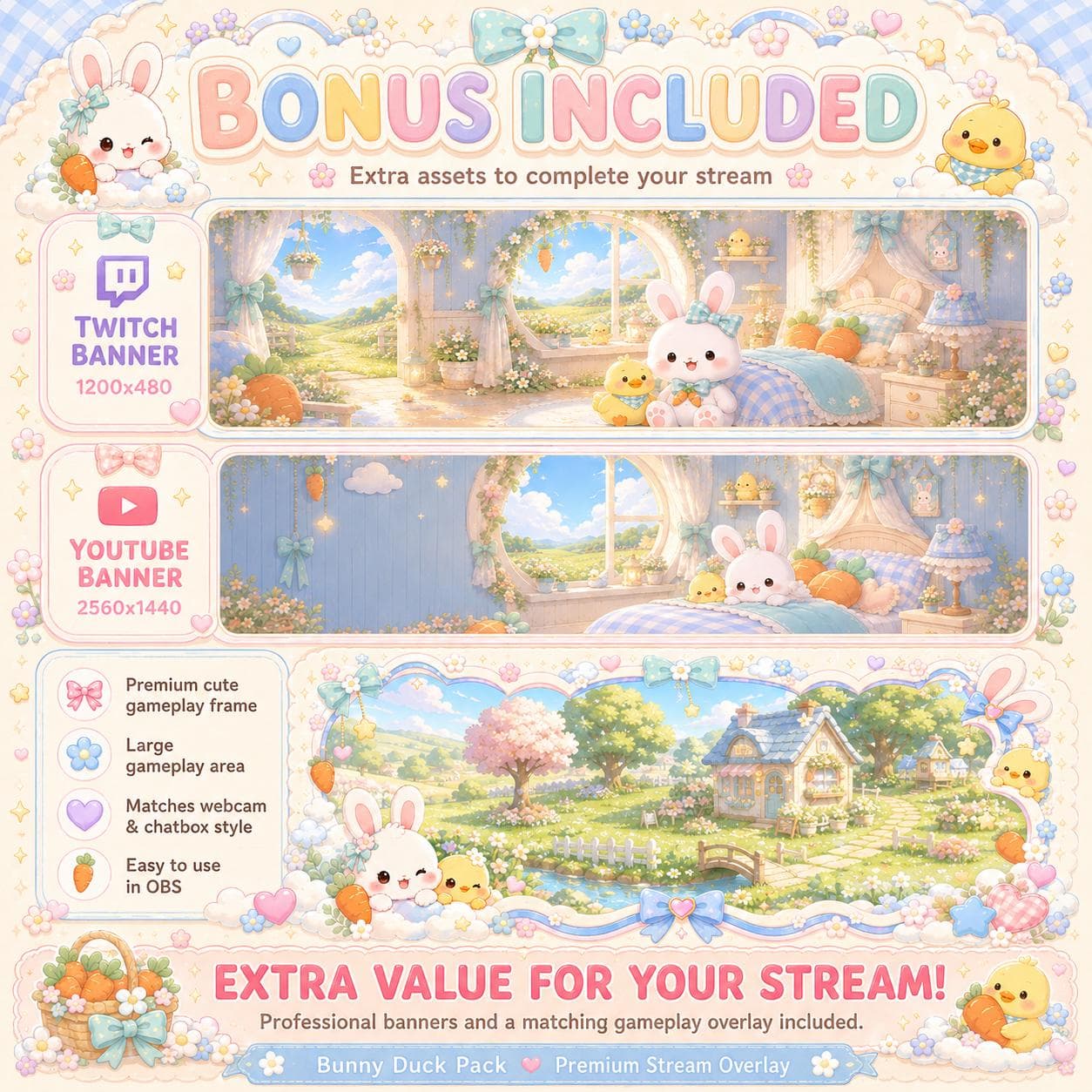 Duck Twitch Overlay Pack | Bunny Kawaii Pastel Animated Stream Screens Alerts Panels preview 7