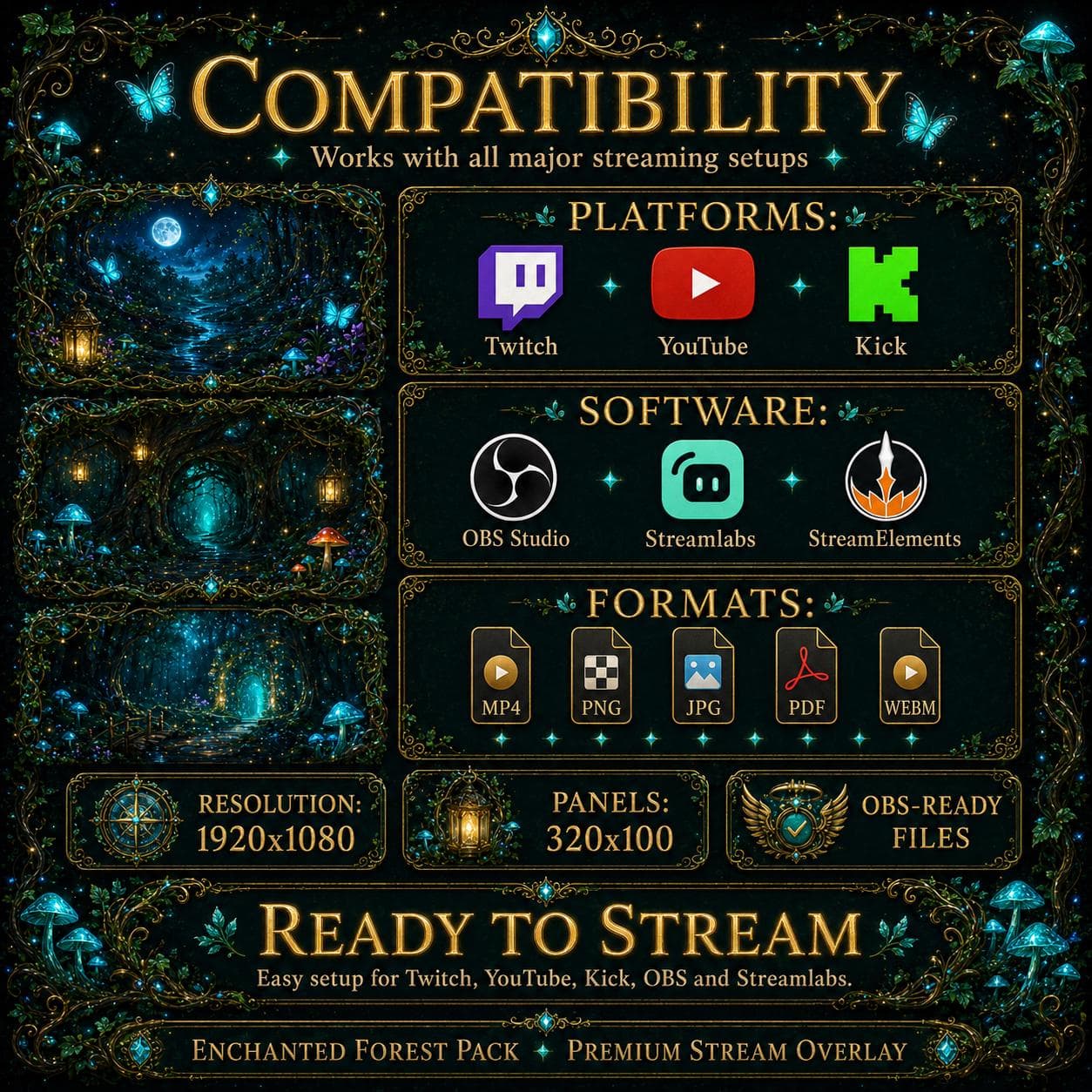 Enchanted Forest Overlay Pack for Twitch YouTube Kick | Fantasy Stream Overlay Screens Alerts Panels preview 10