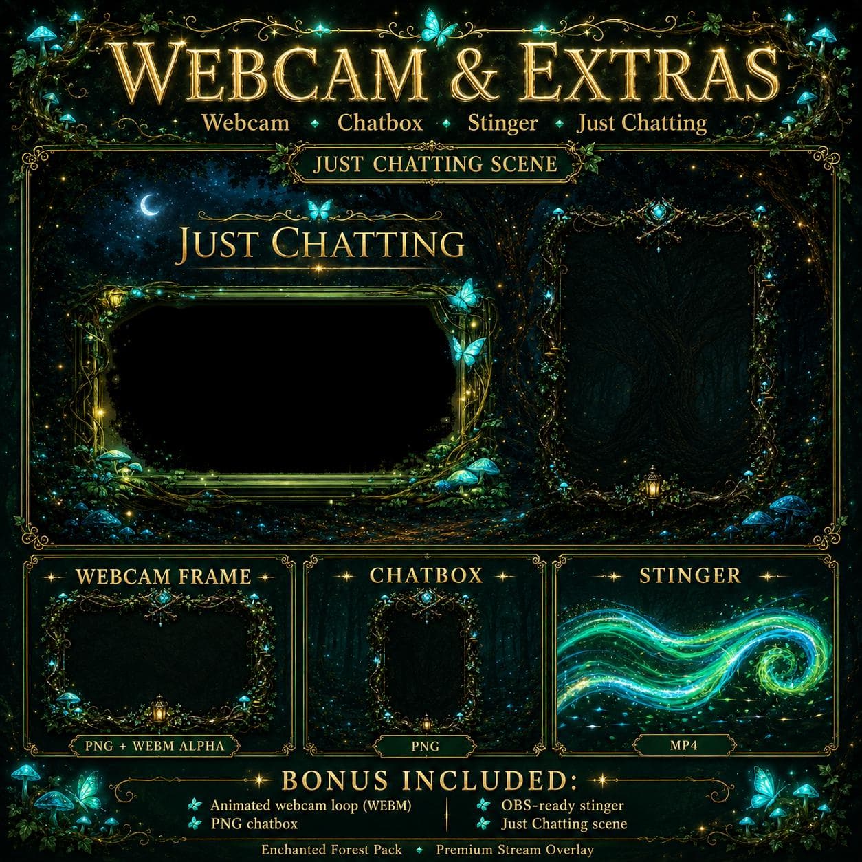 Enchanted Forest Overlay Pack for Twitch YouTube Kick | Fantasy Stream Overlay Screens Alerts Panels preview 4