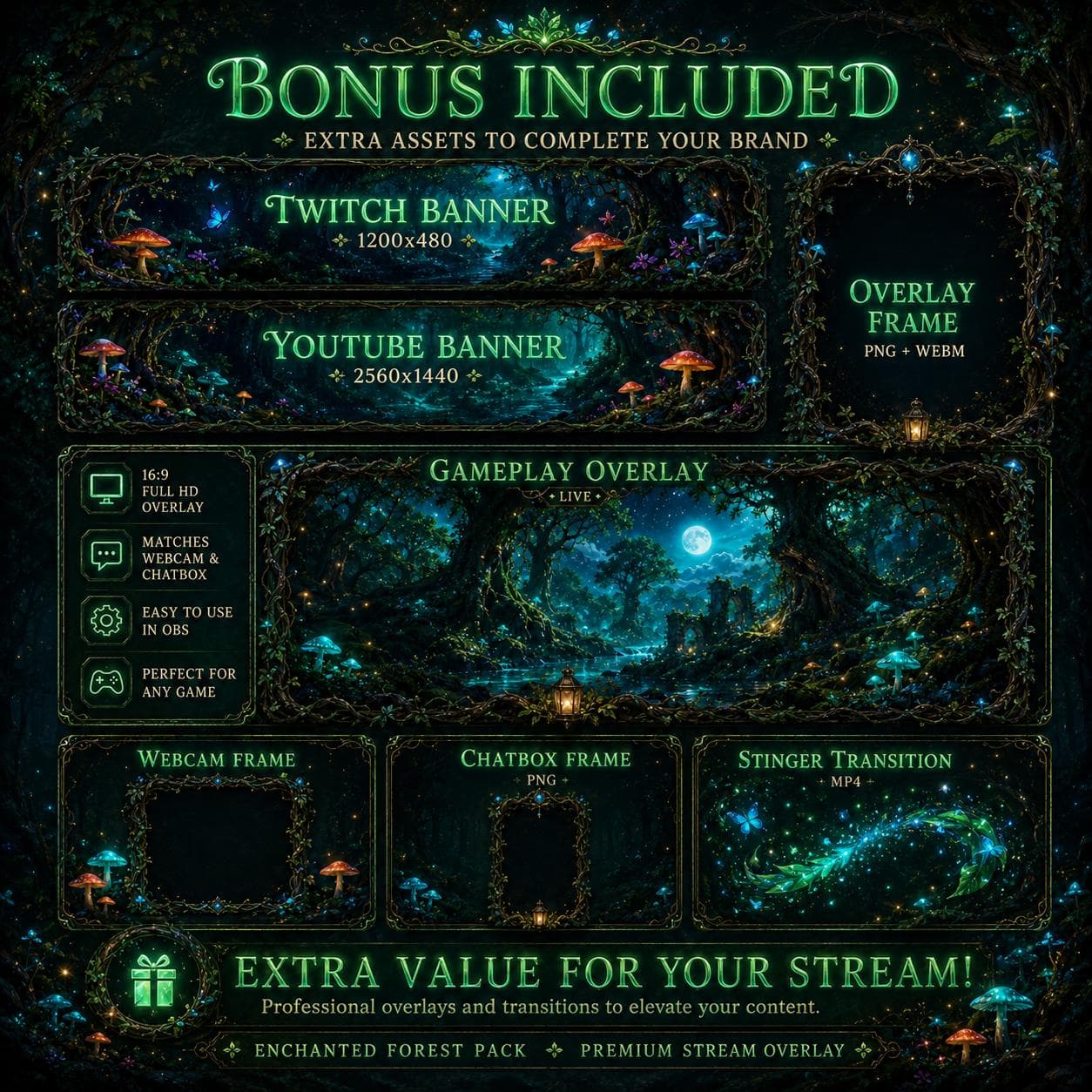 Enchanted Forest Overlay Pack for Twitch YouTube Kick | Fantasy Stream Overlay Screens Alerts Panels preview 5