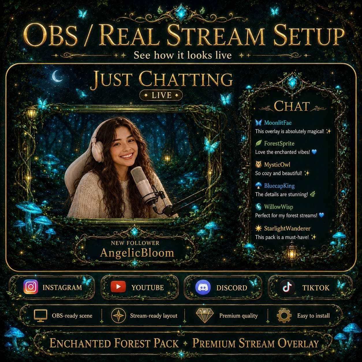 Enchanted Forest Overlay Pack for Twitch YouTube Kick | Fantasy Stream Overlay Screens Alerts Panels preview 6
