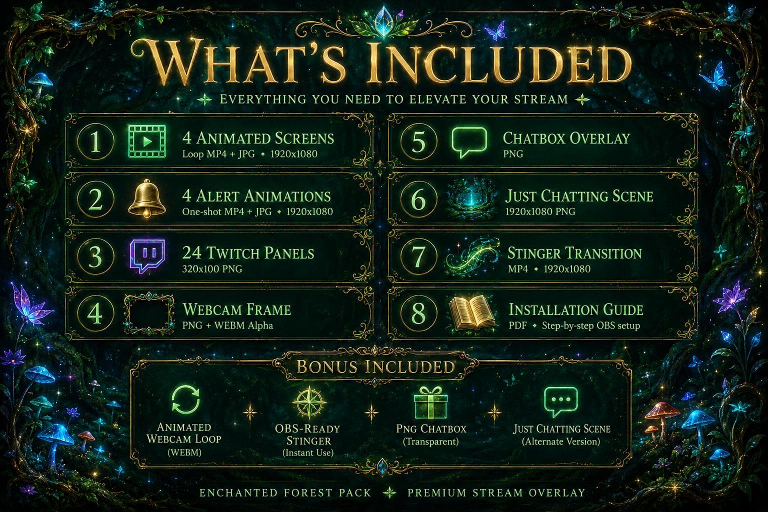 Enchanted Forest Overlay Pack for Twitch YouTube Kick | Fantasy Stream Overlay Screens Alerts Panels preview 9