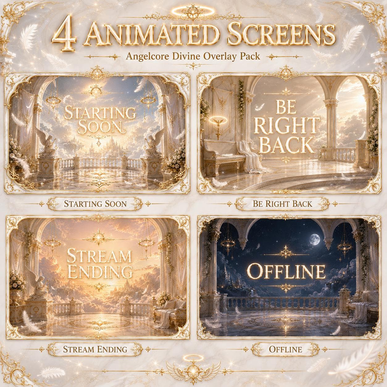 Gold Twitch Overlay Pack | White Angel Wings Animated Stream Screens Alerts Panels preview 2