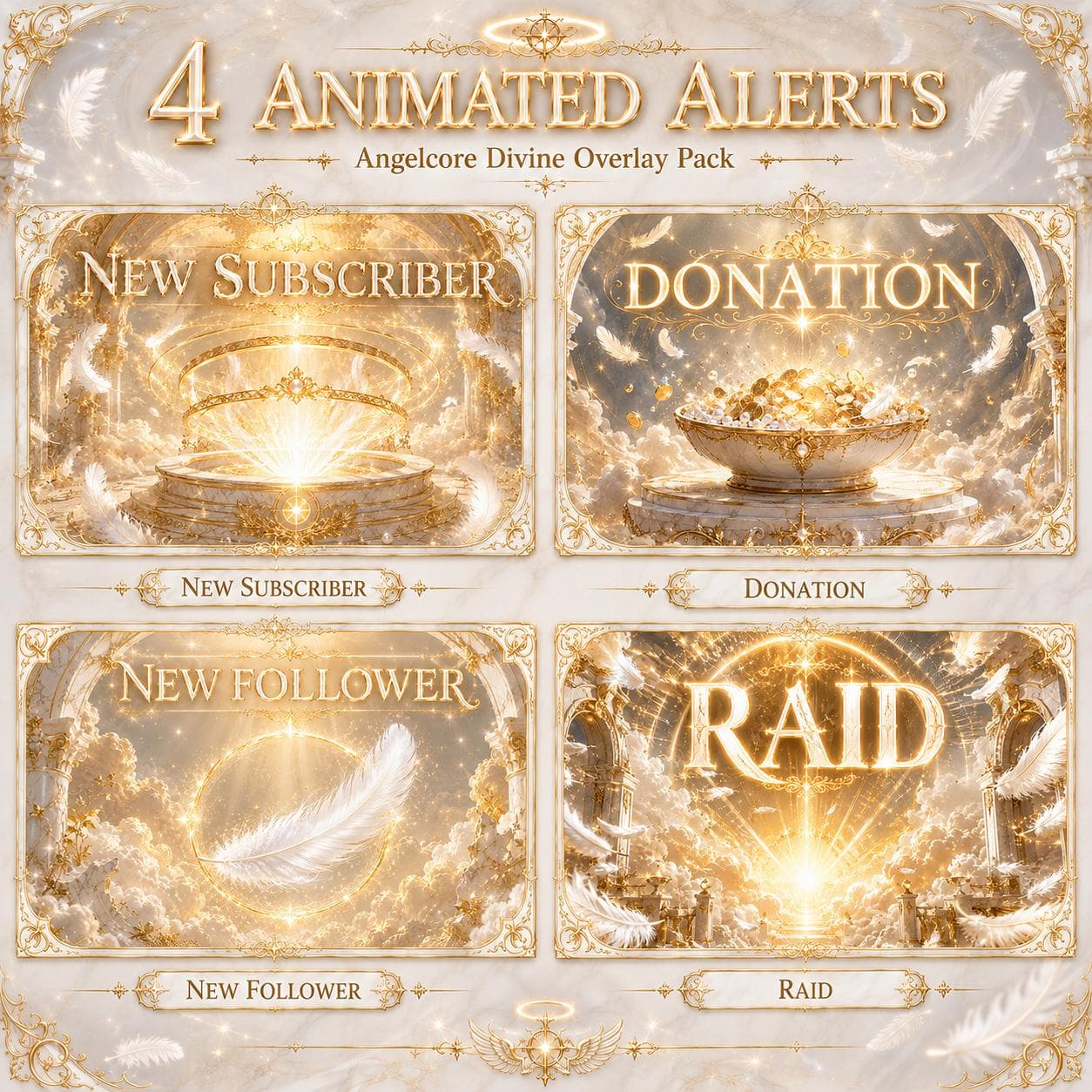 Gold Twitch Overlay Pack | White Angel Wings Animated Stream Screens Alerts Panels preview 3
