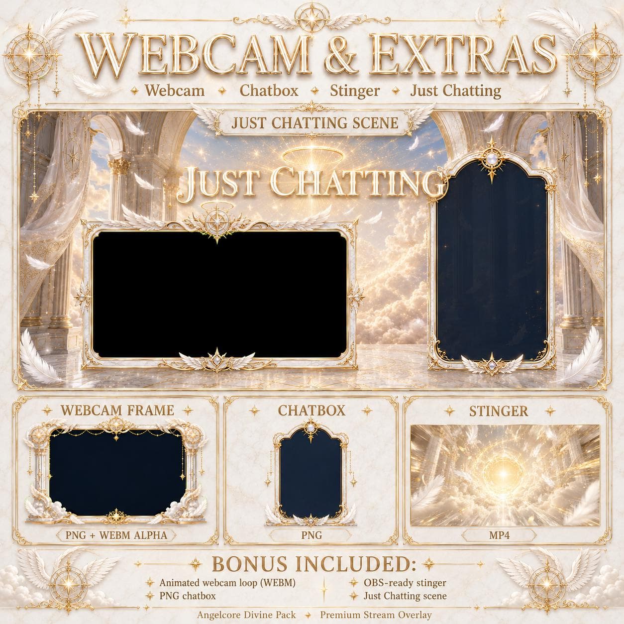 Gold Twitch Overlay Pack | White Angel Wings Animated Stream Screens Alerts Panels preview 4