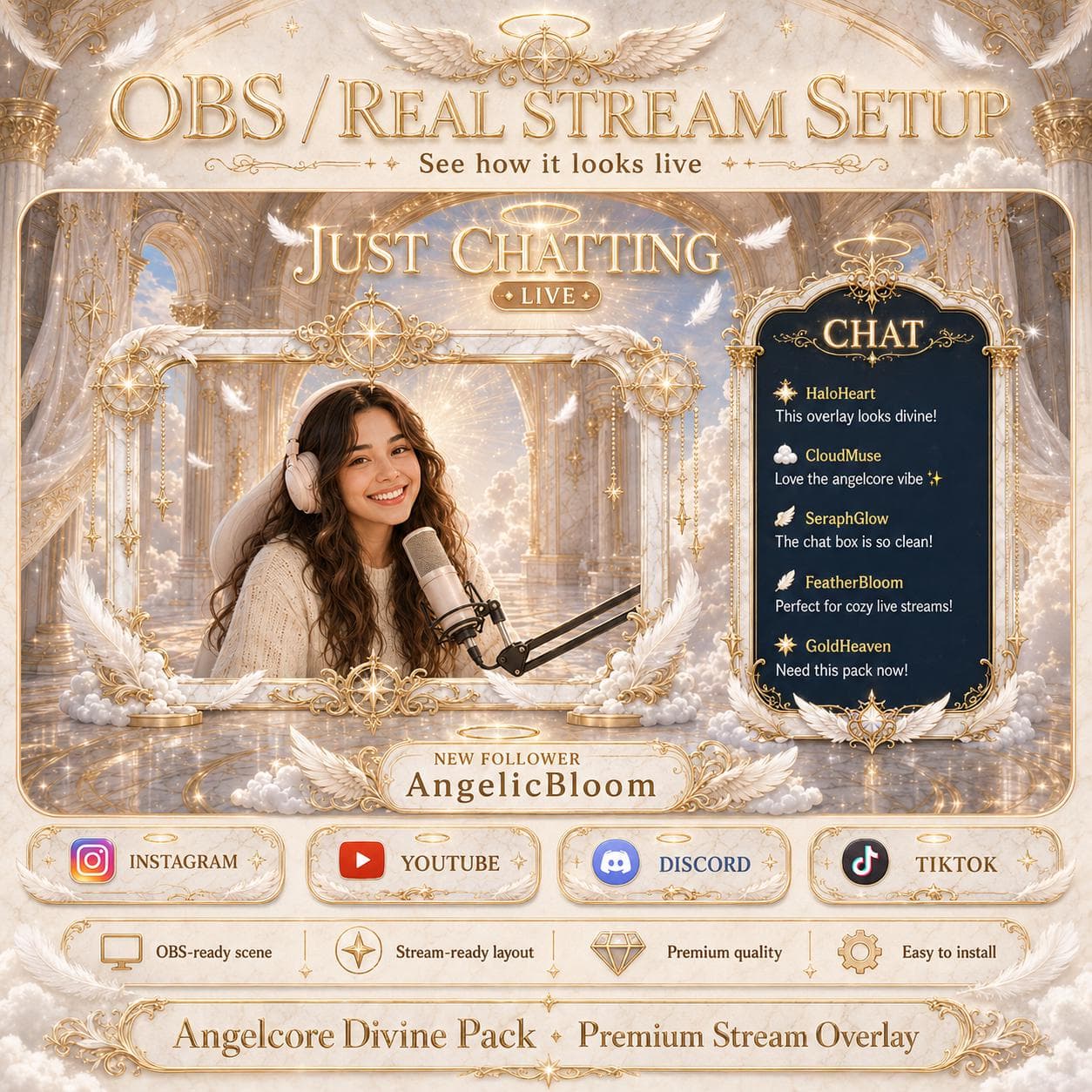 Gold Twitch Overlay Pack | White Angel Wings Animated Stream Screens Alerts Panels preview 5