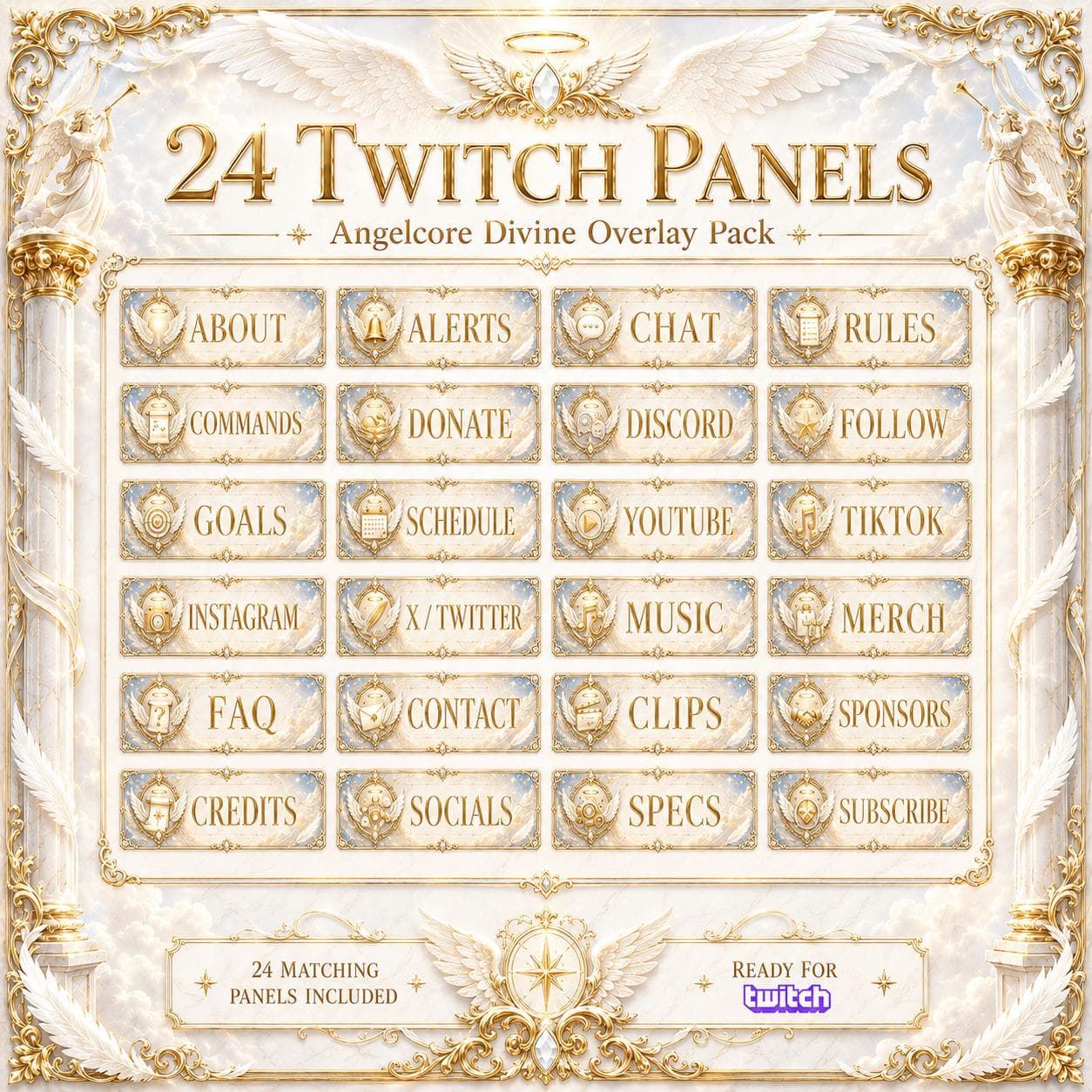 Gold Twitch Overlay Pack | White Angel Wings Animated Stream Screens Alerts Panels preview 6