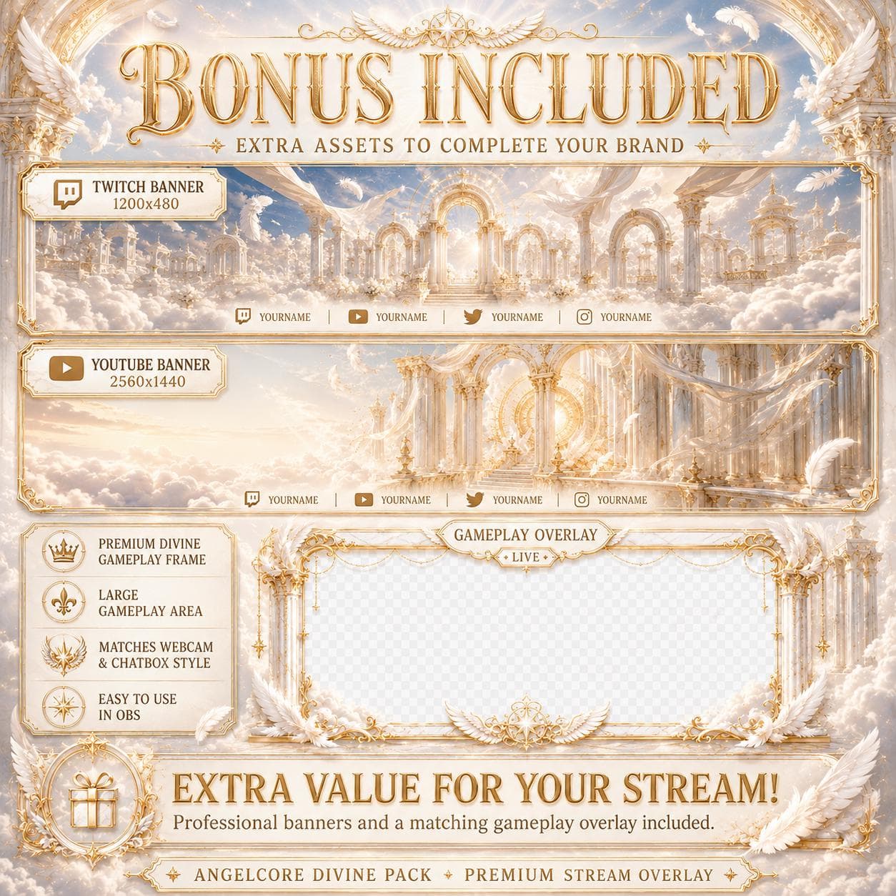 Gold Twitch Overlay Pack | White Angel Wings Animated Stream Screens Alerts Panels preview 7