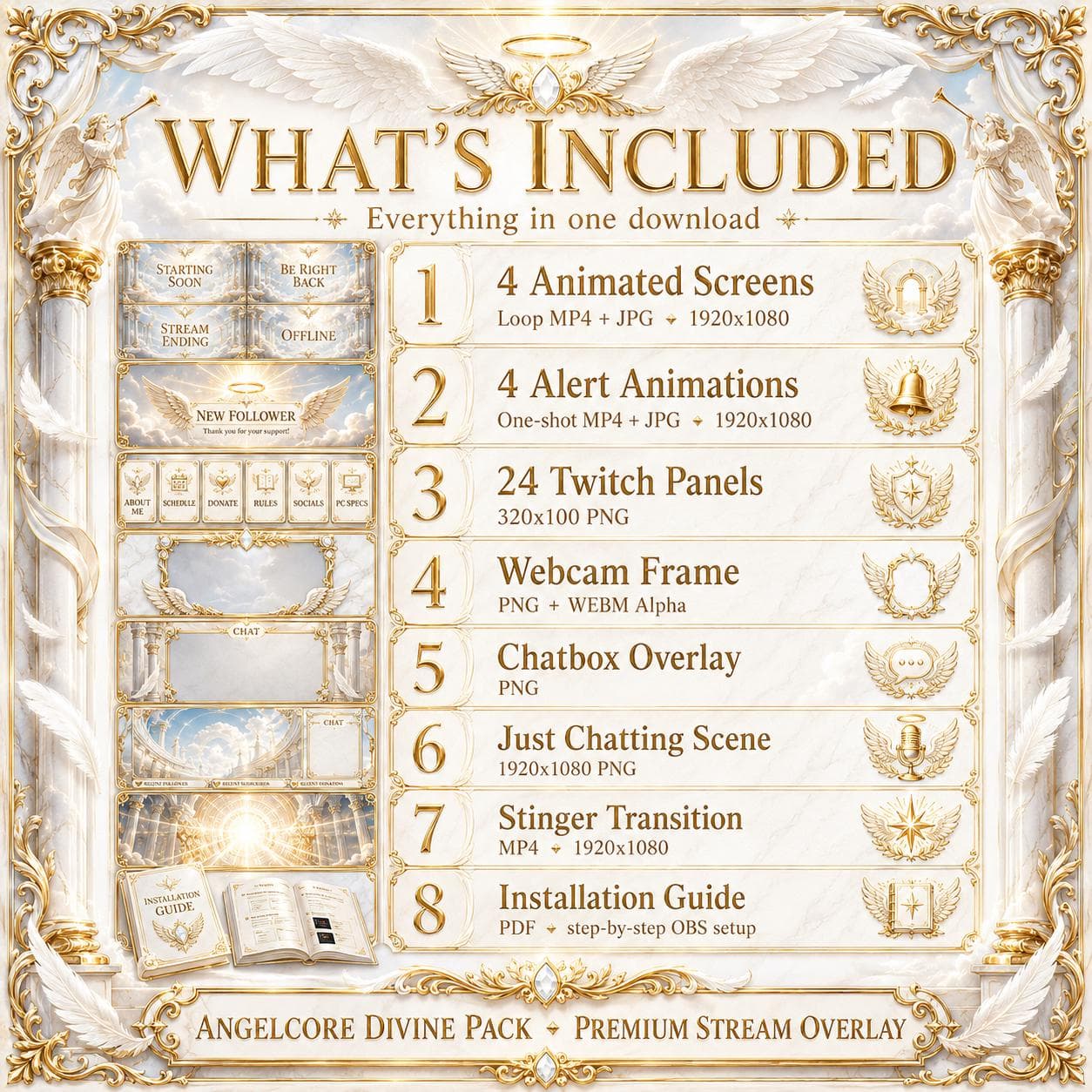 Gold Twitch Overlay Pack | White Angel Wings Animated Stream Screens Alerts Panels preview 8