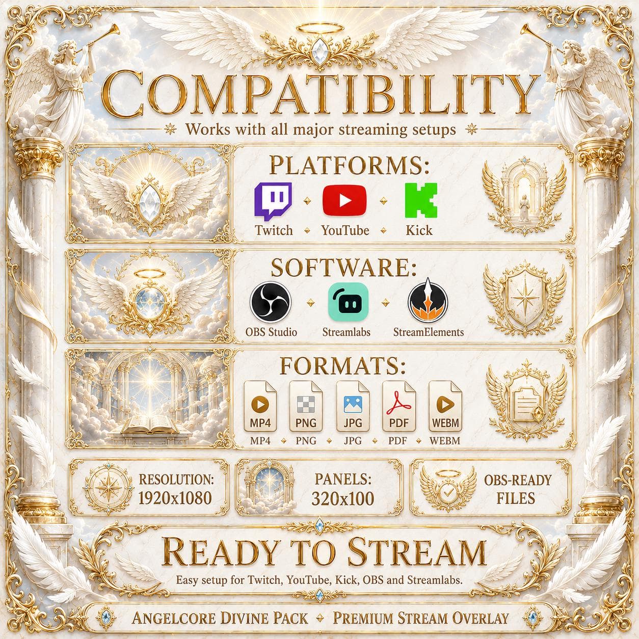 Gold Twitch Overlay Pack | White Angel Wings Animated Stream Screens Alerts Panels preview 9