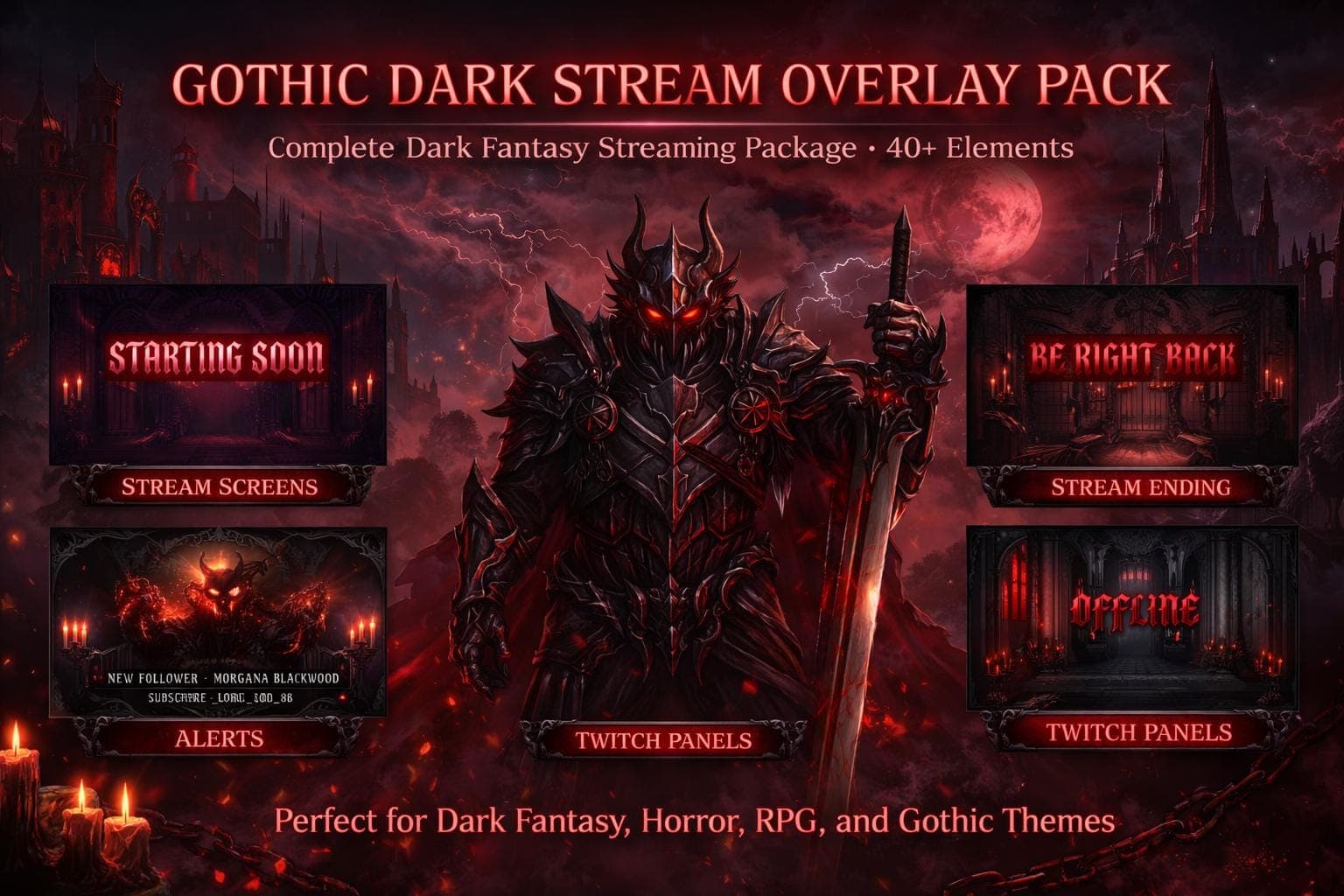 Dark Souls Elden Ring Gothic Stream Overlay Pack | Bloodborne Diablo Dark Horror Fantasy Animated Twitch YouTube Kick Screens Alerts Panels