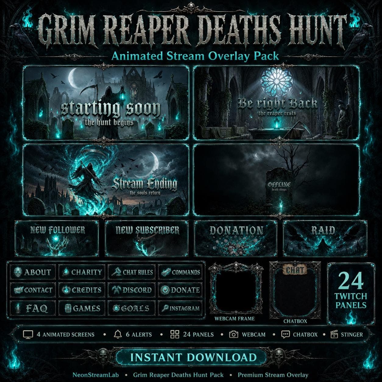Grim Reaper Stream Overlay Pack | Animated Gothic Horror Twitch YouTube Kick Screens Alerts Panels