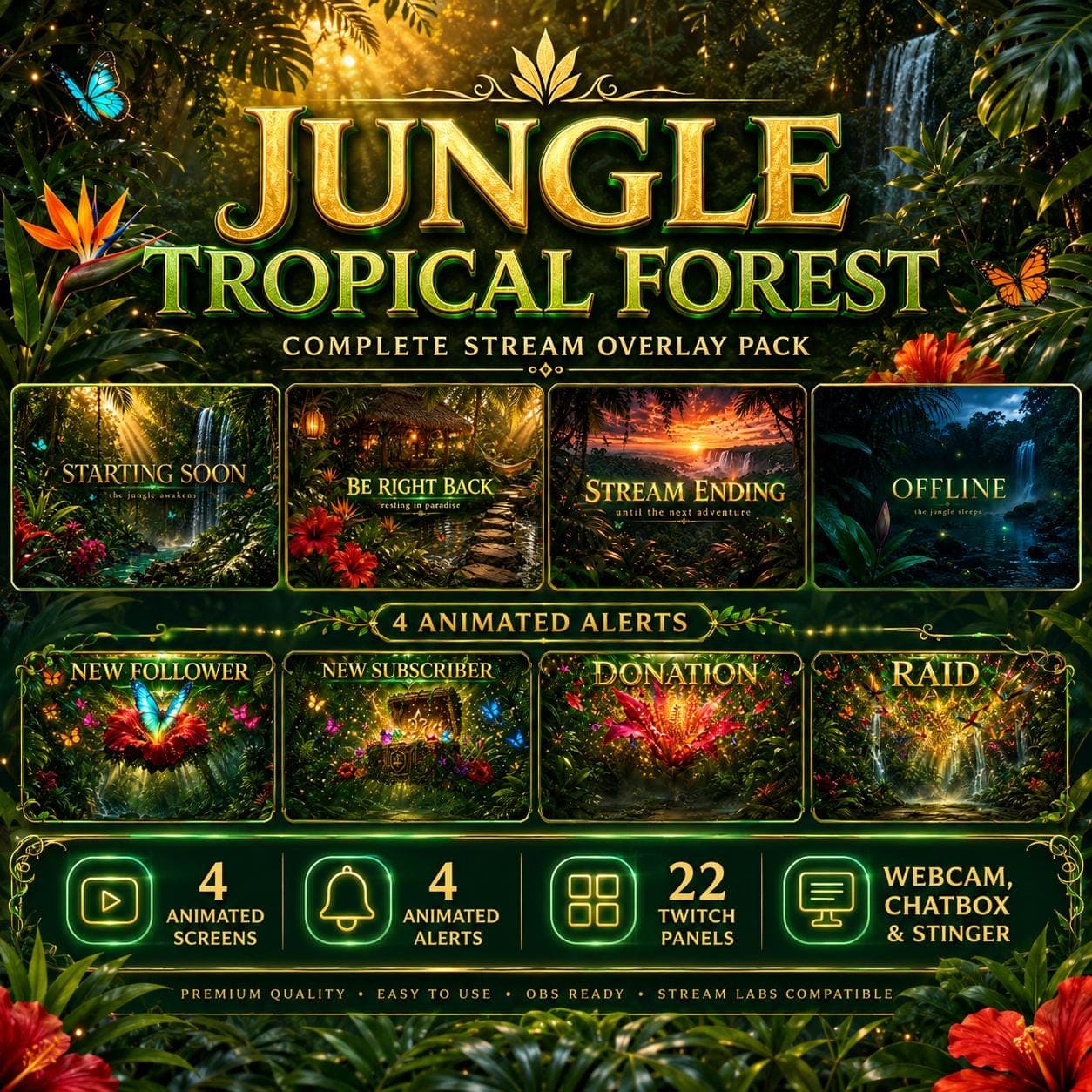 Jungle Tropical Forest Stream Overlay Pack Animated Twitch YouTube Kick Alerts Panels Webcam OBS