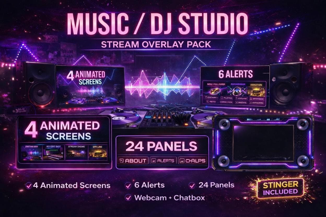 Music DJ Studio Stream Overlay Pack for Twitch YouTube Kick | Animated Neon Music Streaming