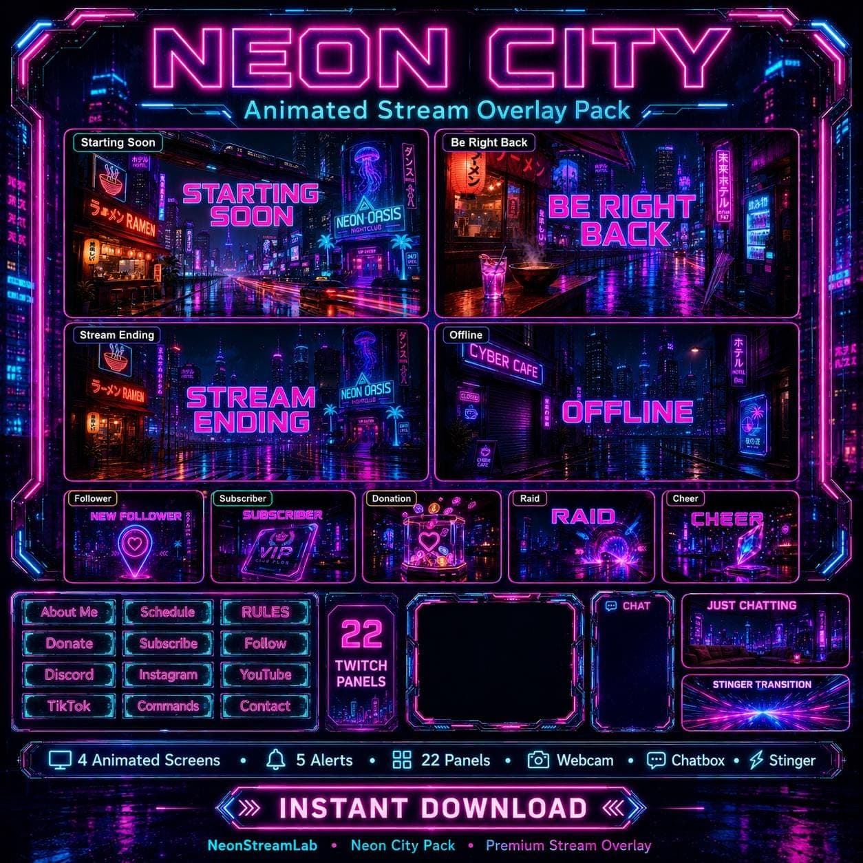 Neon City Stream Overlay for Twitch | Animated Cyberpunk Screens Alerts Panels Webcam