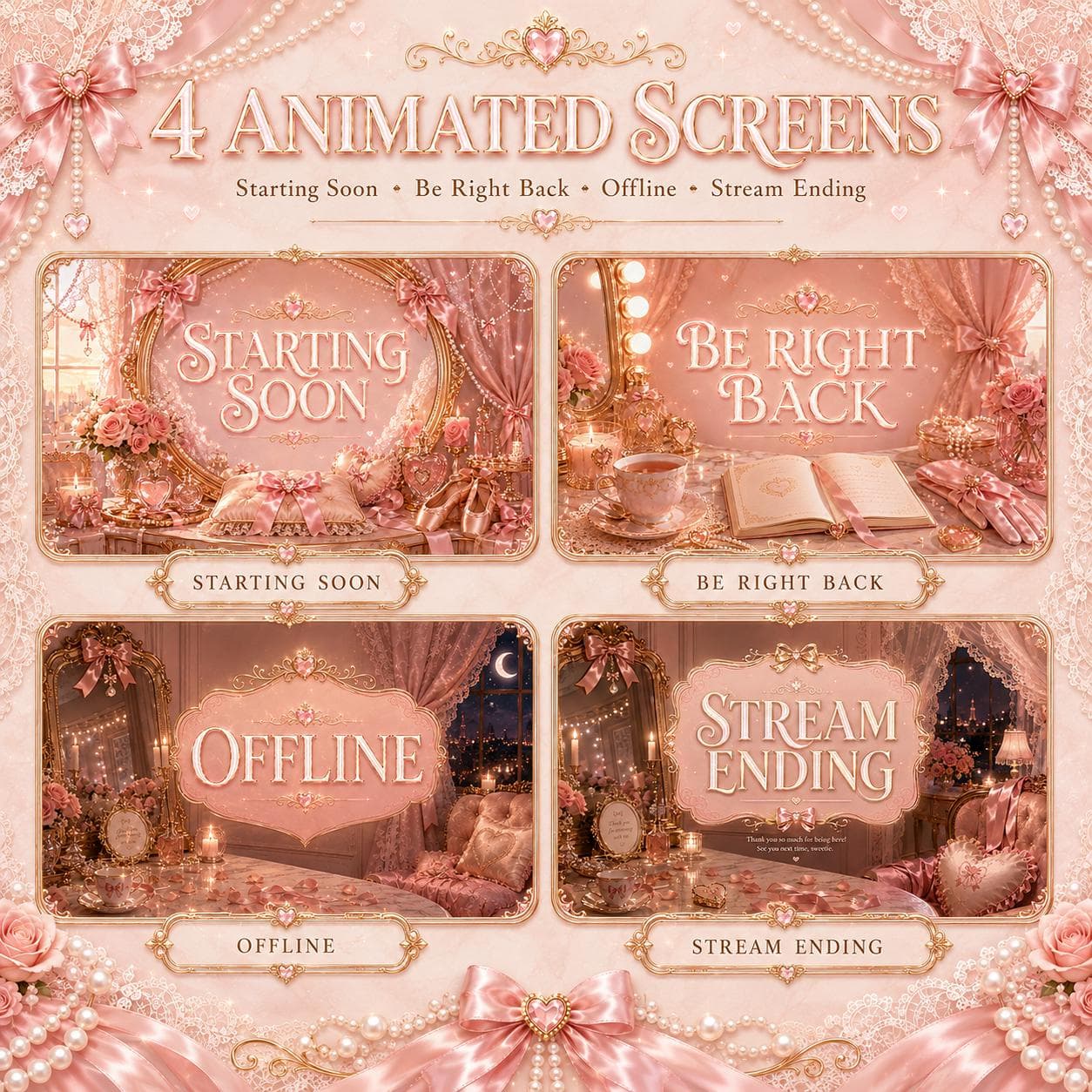 Pink Twitch Overlay Pack | Animated Coquette Bow Stream Screens Alerts Panels Webcam preview 2