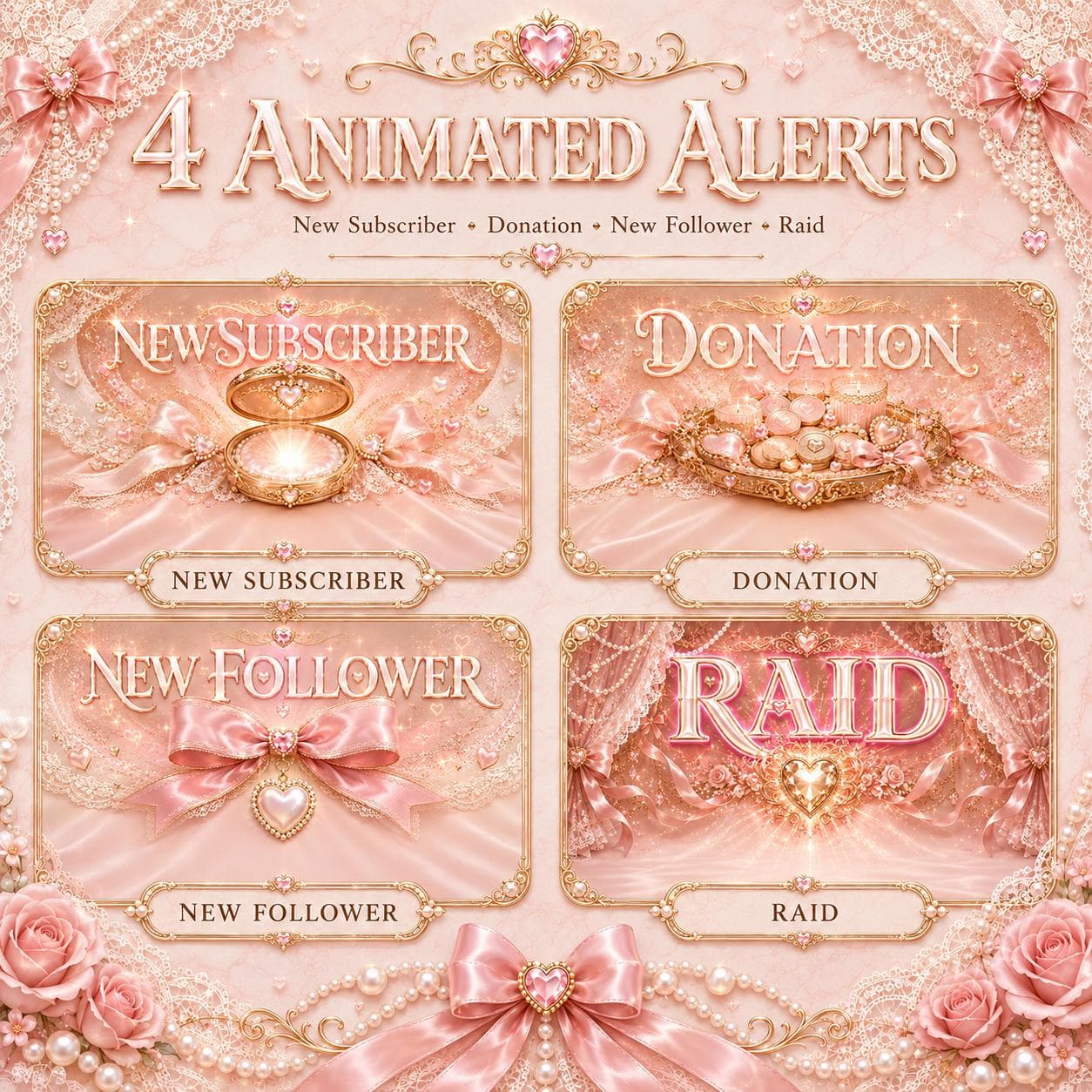 Pink Twitch Overlay Pack | Animated Coquette Bow Stream Screens Alerts Panels Webcam preview 3