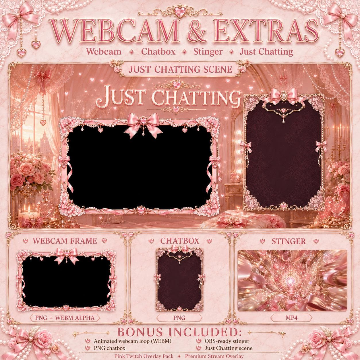 Pink Twitch Overlay Pack | Animated Coquette Bow Stream Screens Alerts Panels Webcam preview 4