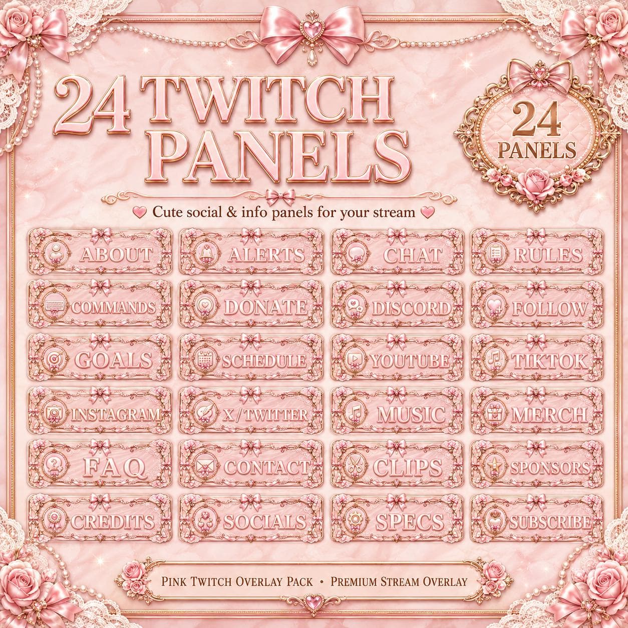 Pink Twitch Overlay Pack | Animated Coquette Bow Stream Screens Alerts Panels Webcam preview 5