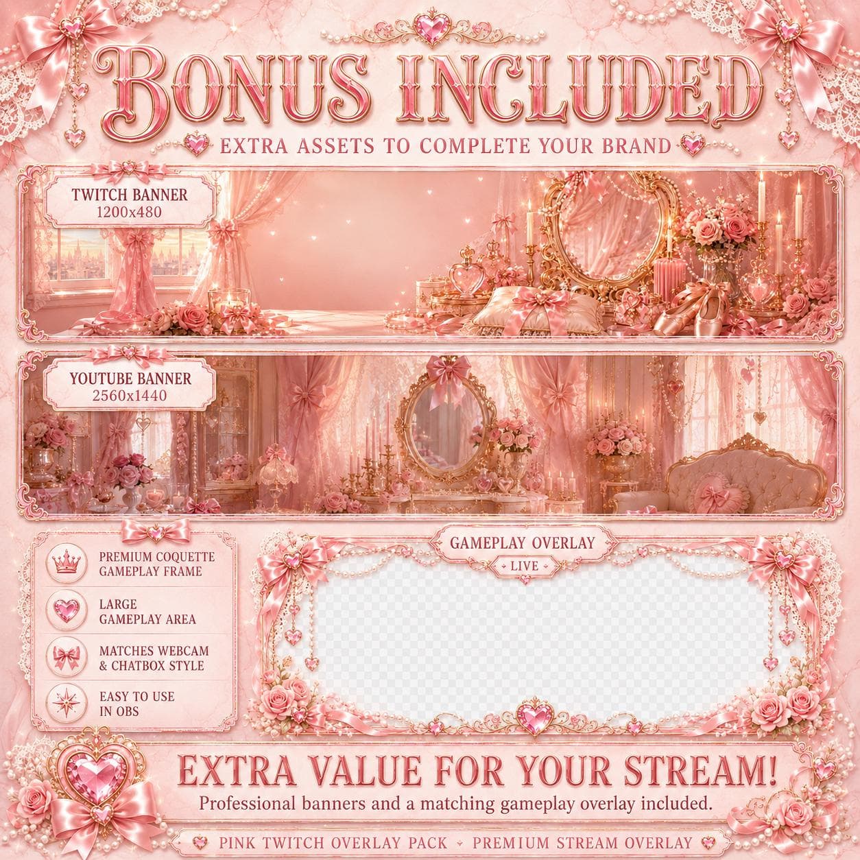 Pink Twitch Overlay Pack | Animated Coquette Bow Stream Screens Alerts Panels Webcam preview 6