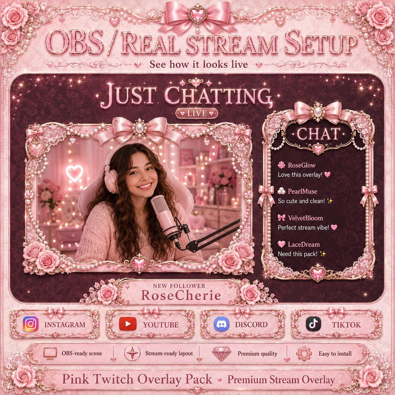 Pink Twitch Overlay Pack | Animated Coquette Bow Stream Screens Alerts Panels Webcam preview 7