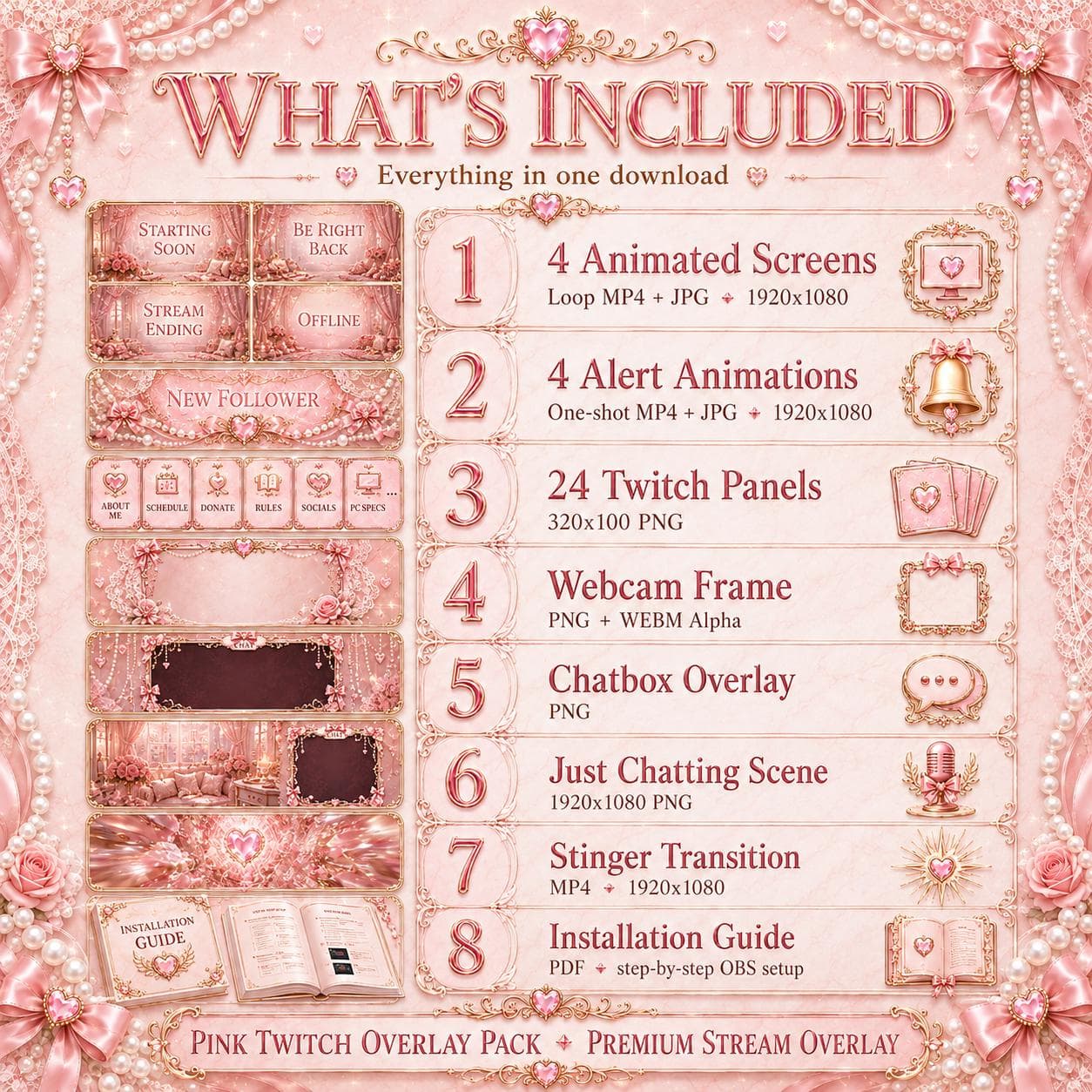 Pink Twitch Overlay Pack | Animated Coquette Bow Stream Screens Alerts Panels Webcam preview 8
