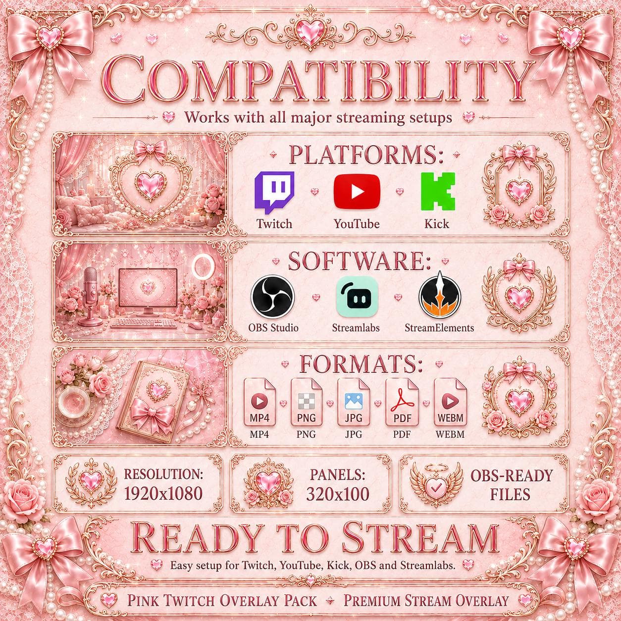 Pink Twitch Overlay Pack | Animated Coquette Bow Stream Screens Alerts Panels Webcam preview 9