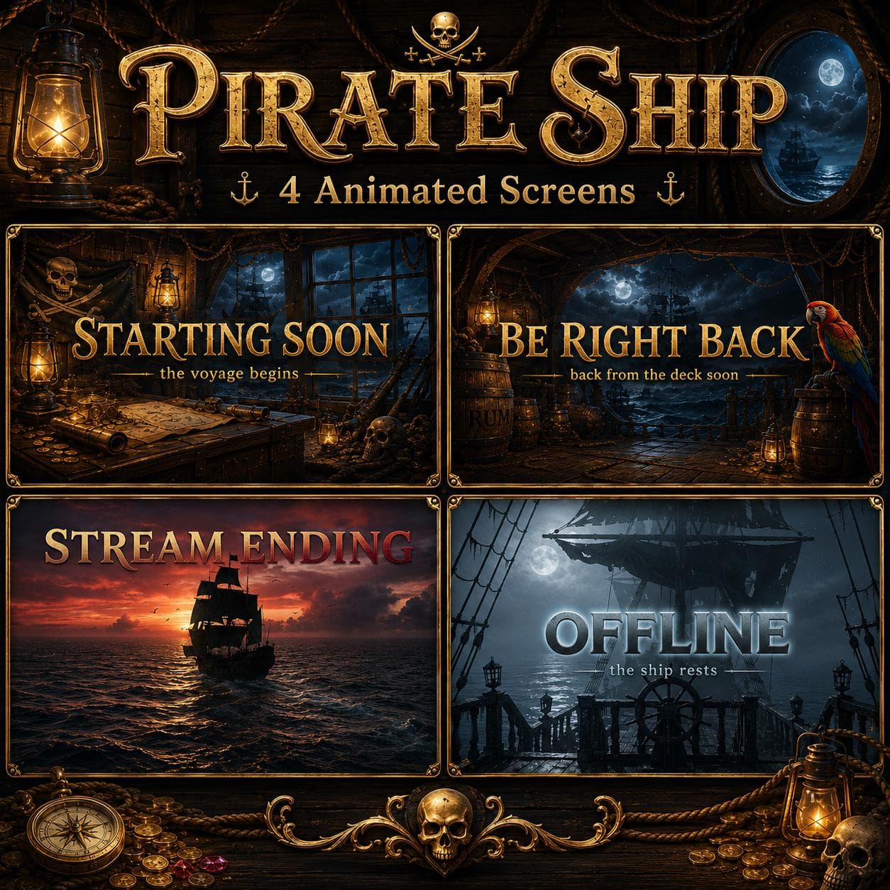 Pirate Twitch Overlay Pack | Animated Pirate Ship Stream Screens Alerts Panels OBS preview 2