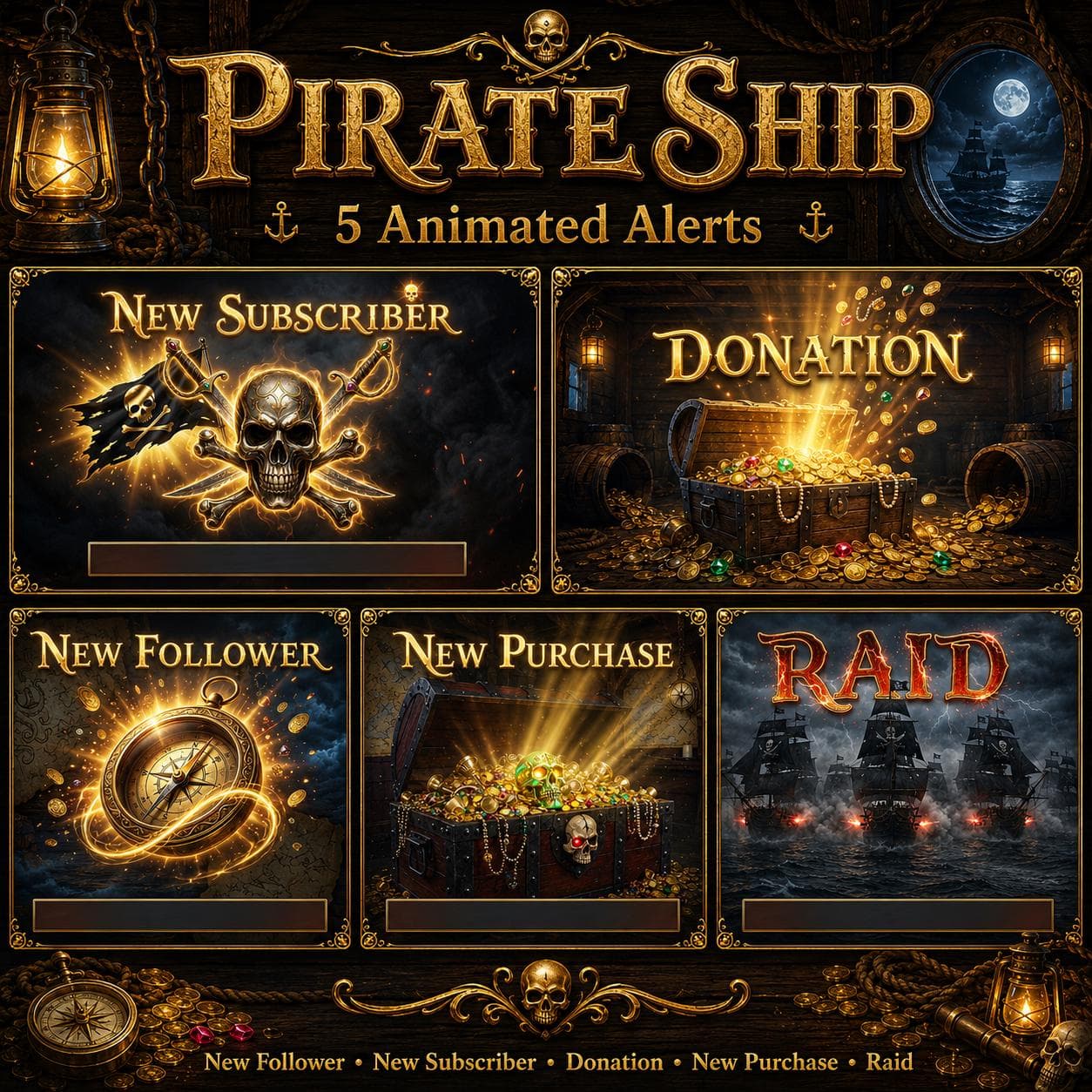 Pirate Twitch Overlay Pack | Animated Pirate Ship Stream Screens Alerts Panels OBS preview 3