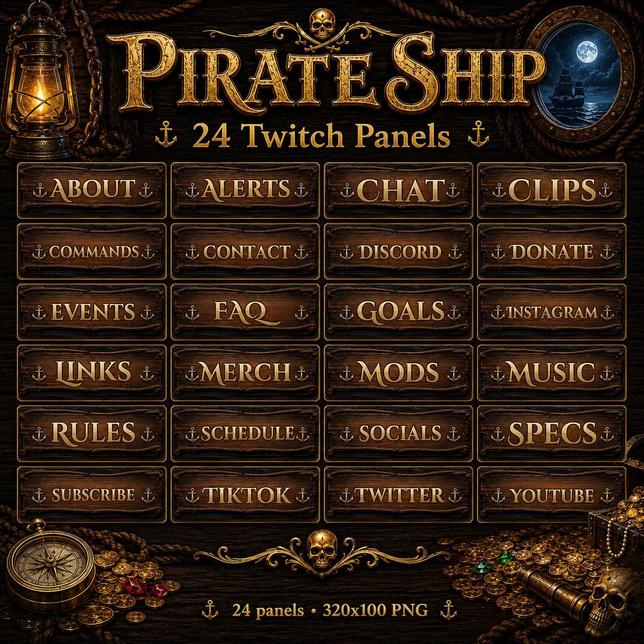 Pirate Twitch Overlay Pack | Animated Pirate Ship Stream Screens Alerts Panels OBS preview 4