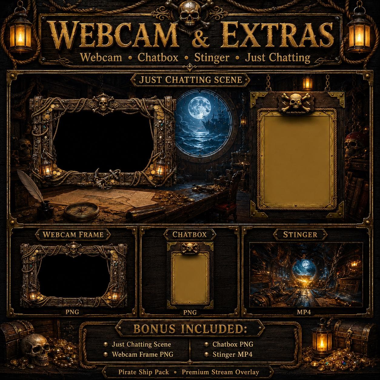 Pirate Twitch Overlay Pack | Animated Pirate Ship Stream Screens Alerts Panels OBS preview 5