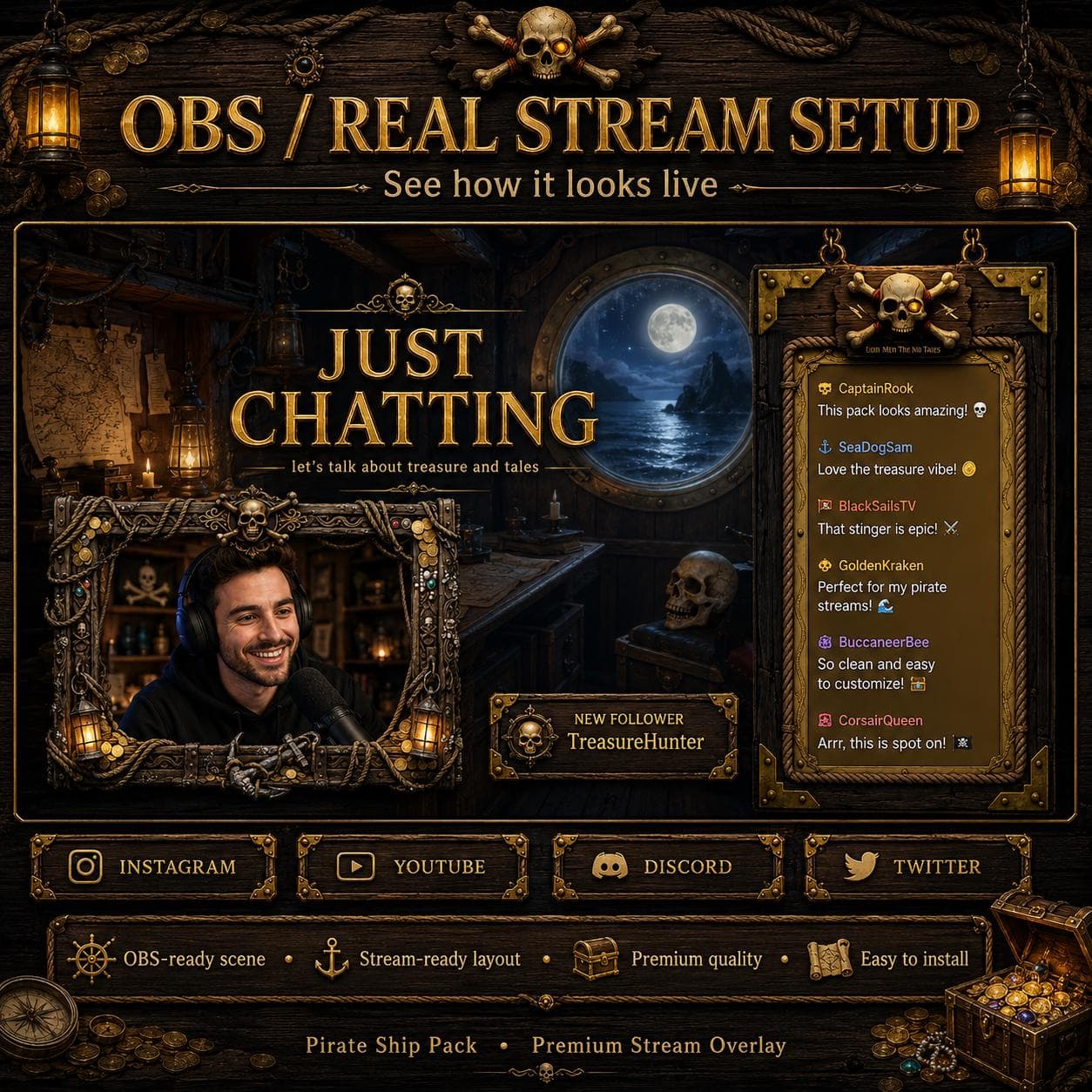 Pirate Twitch Overlay Pack | Animated Pirate Ship Stream Screens Alerts Panels OBS preview 6