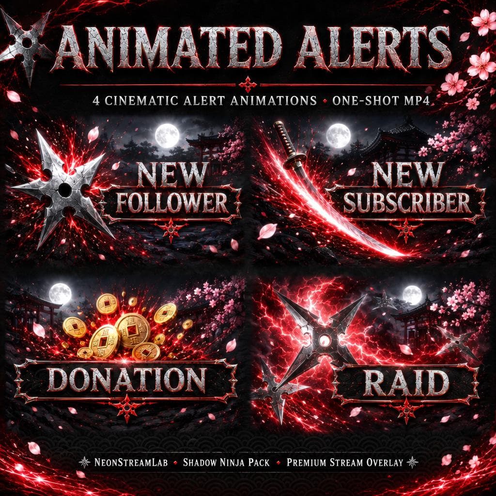 Shadow Ninja Twitch Overlay Pack | Animated Red Assassin Screens Alerts Panels Webcam preview 3