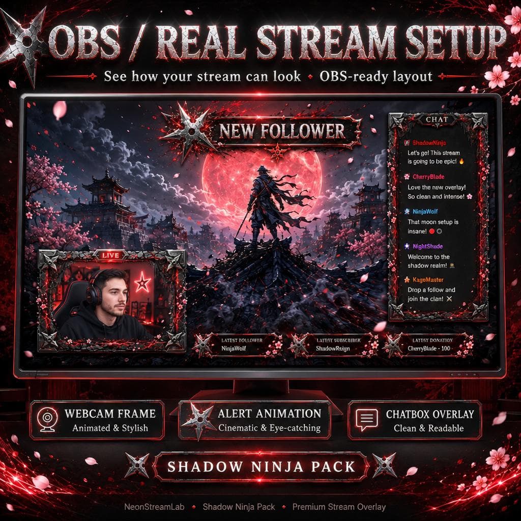 Shadow Ninja Twitch Overlay Pack | Animated Red Assassin Screens Alerts Panels Webcam preview 6