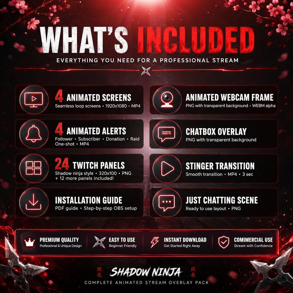 Shadow Ninja Twitch Overlay Pack | Animated Red Assassin Screens Alerts Panels Webcam preview 7