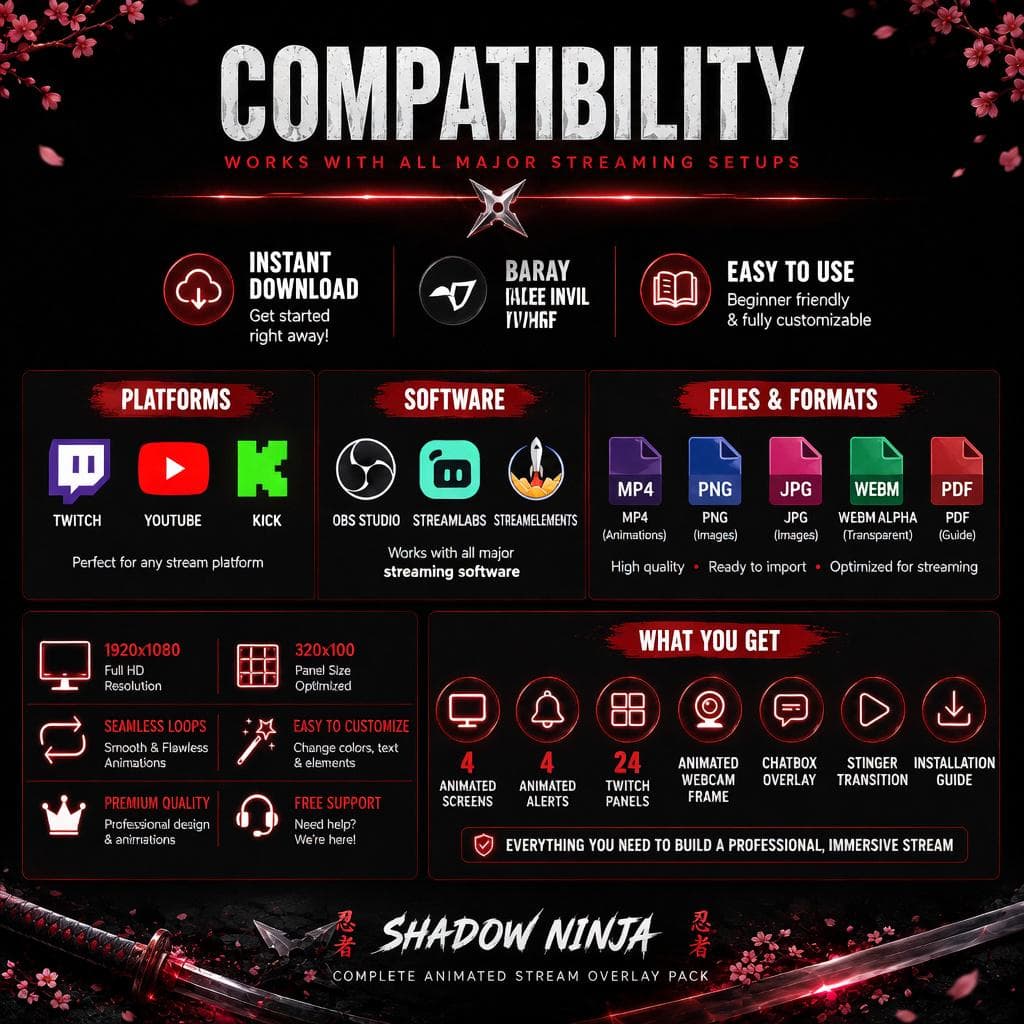 Shadow Ninja Twitch Overlay Pack | Animated Red Assassin Screens Alerts Panels Webcam preview 8