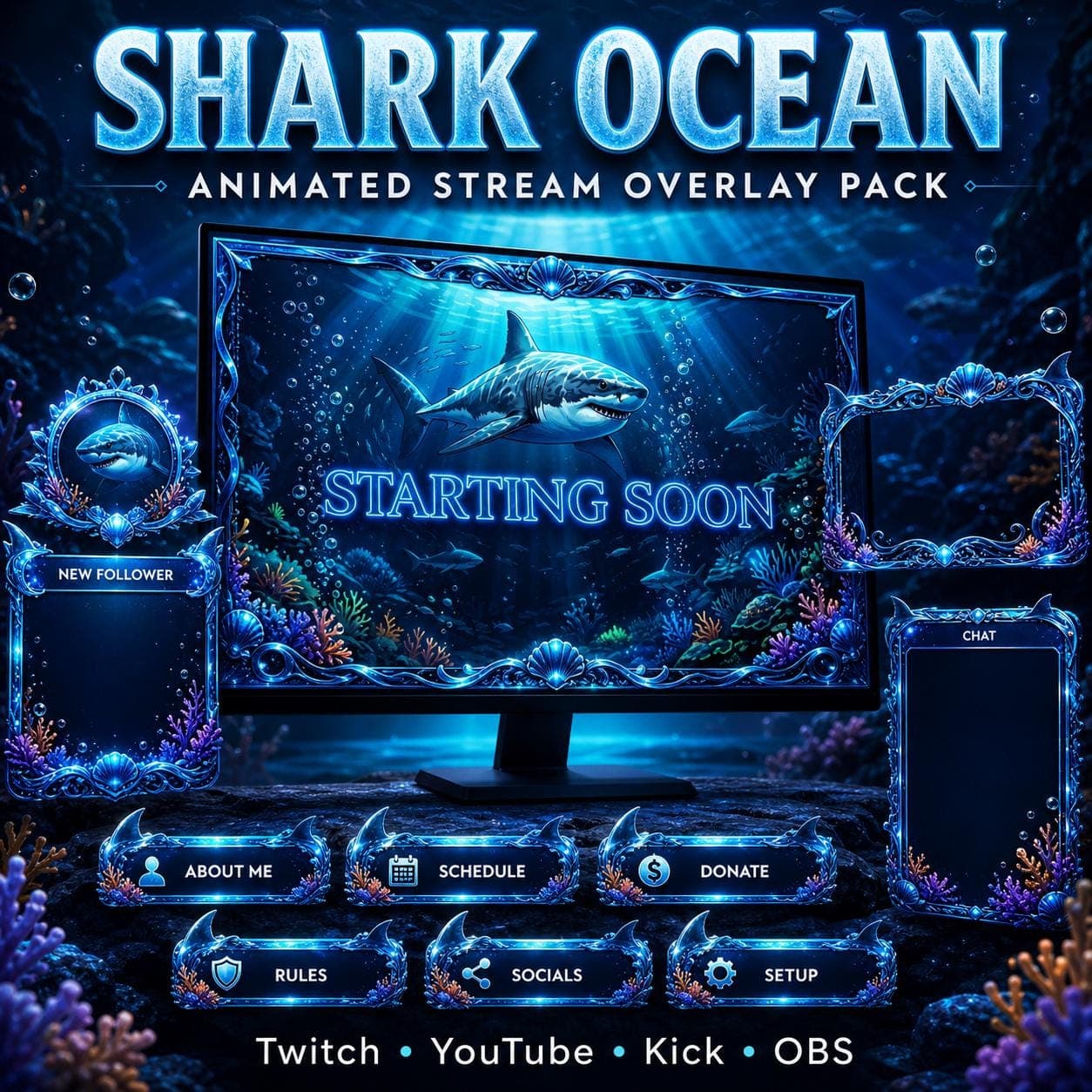 Shark Ocean Stream Overlay Pack Animated Twitch YouTube Kick Alerts Panels Webcam Stinger OBS
