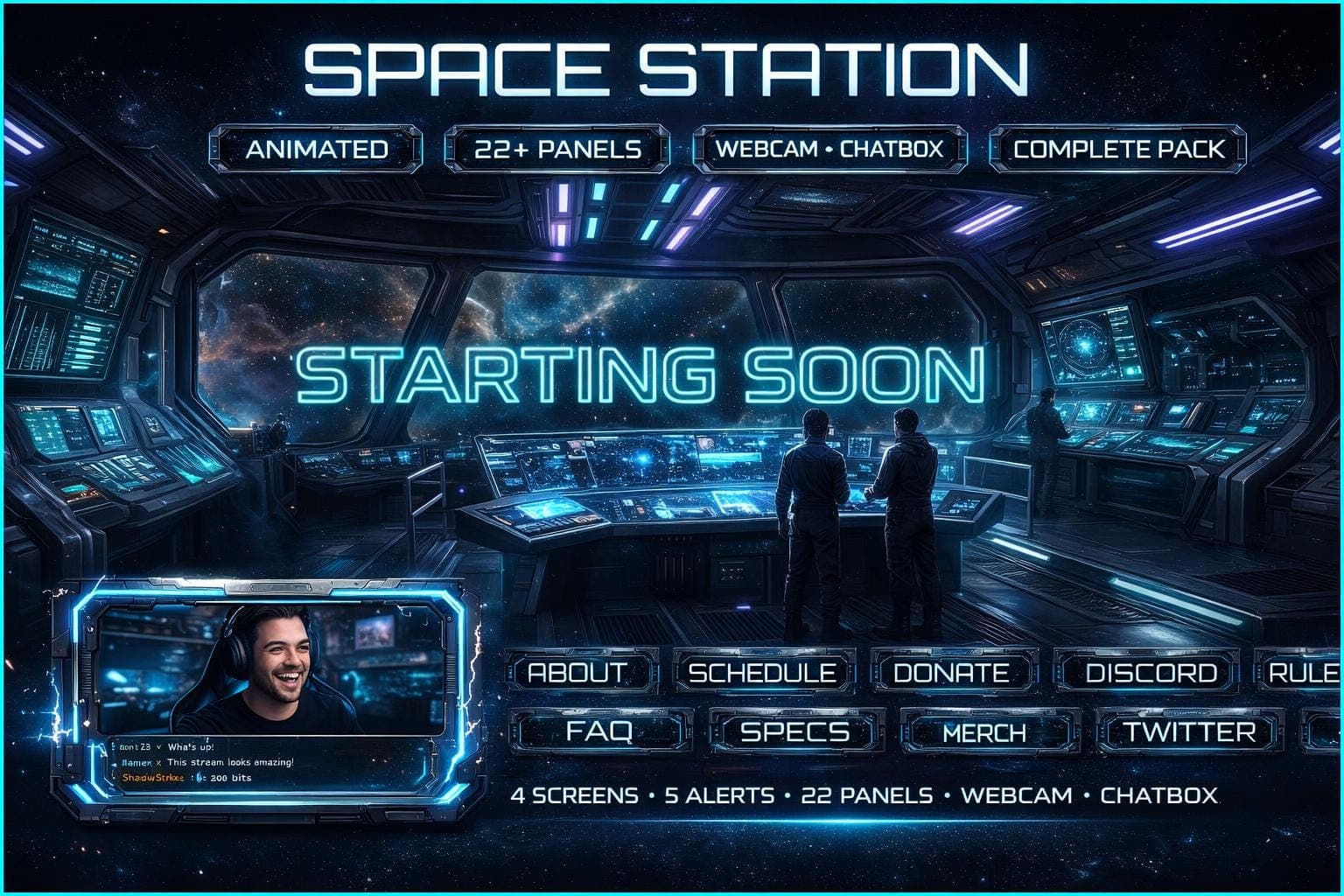 Space Station Animated Stream Overlay Pack Sci-Fi Twitch YouTube Kick Webcam Panels Alerts